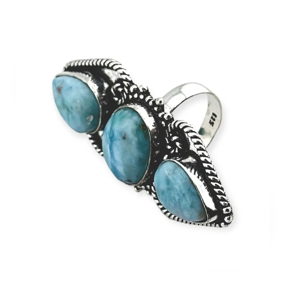 Larimar Caribbean Natural 925 Silver Gemstone Crystal Ring